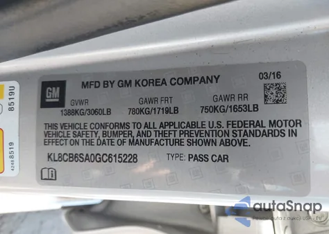 2016 Chevrolet Spark Ls Cvt from USA, damaged, VIN KL8CB6SA0GC615228